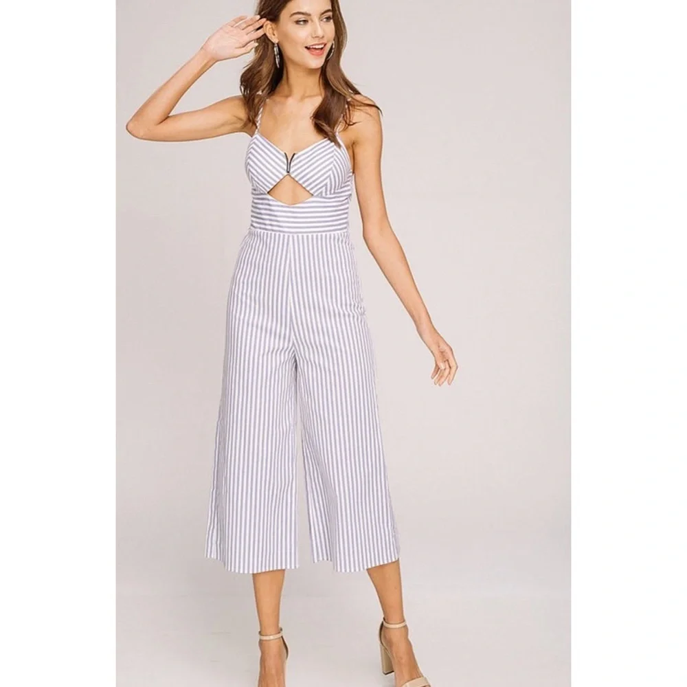 Light Blue Striped Cutout Cropped Jumpsuit